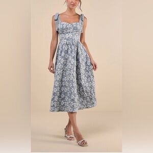 Lulus Bubbly Bliss Slate Blue Jacquard Bustier Tie-Strap Midi Dress